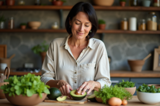 Femme coupant un avocat dans une cuisine chaleureuse
