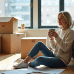 Femme assise dans un appartement lumineux avec cartons