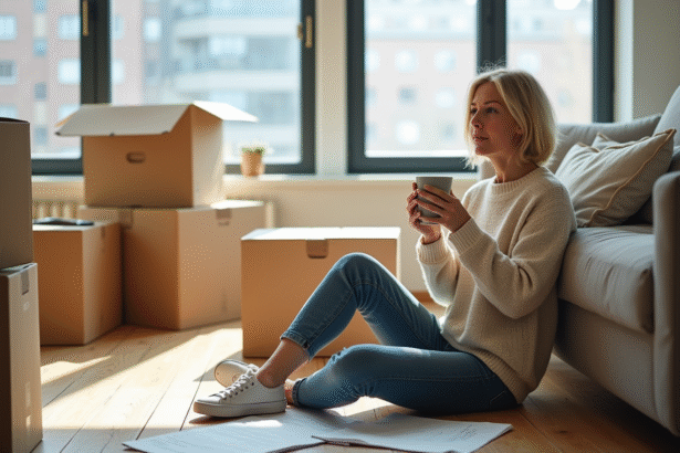 Femme assise dans un appartement lumineux avec cartons