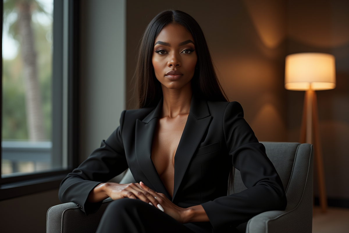 Femme élégante assise dans un bureau moderne à Hollywood