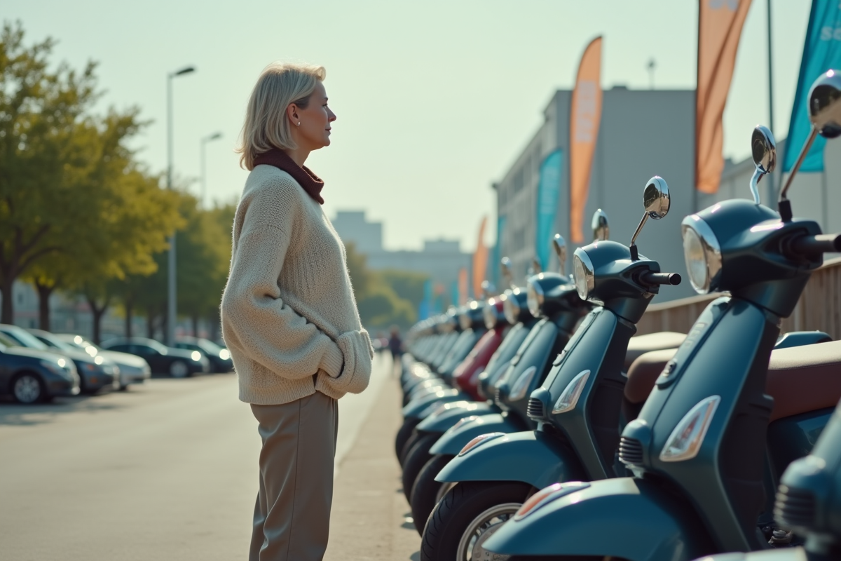 Femme inspectant différents scooters 125cc en concession