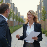 Femme d age moyen souriante avec documents immobiliers