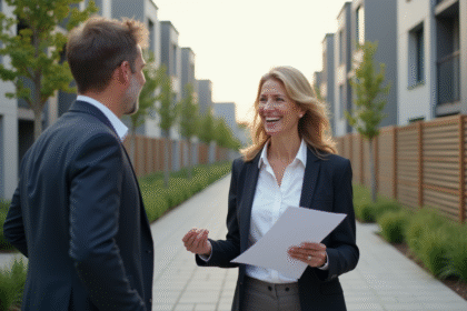 Femme d age moyen souriante avec documents immobiliers