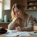 Jeune femme inquiète regardant ses factures et portefeuille