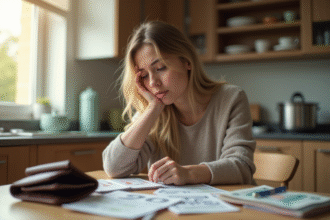 Jeune femme inquiète regardant ses factures et portefeuille