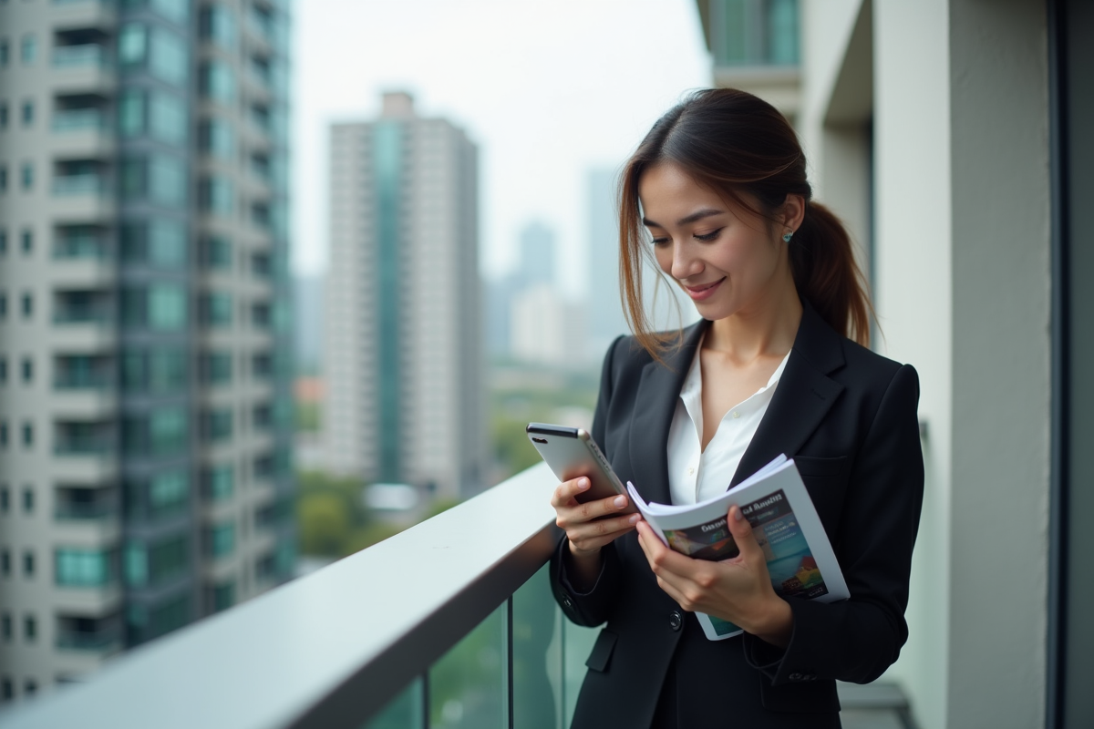 Jeune femme sur un balcon urbain tenant des brochures immobilières et un smartphone