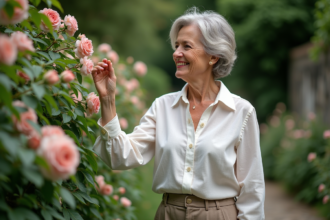 Femme d'âge moyen dans un jardin en fleurs