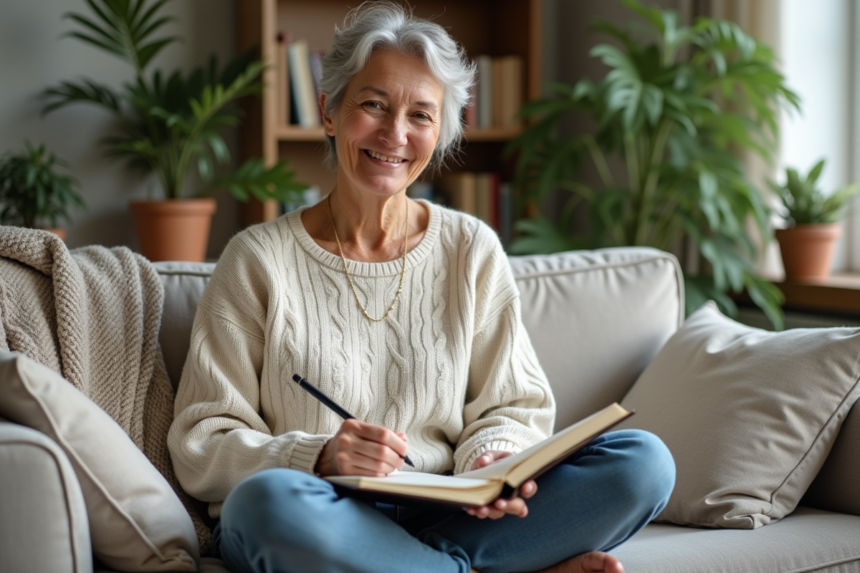 Femme souriante journalisant dans un salon lumineux