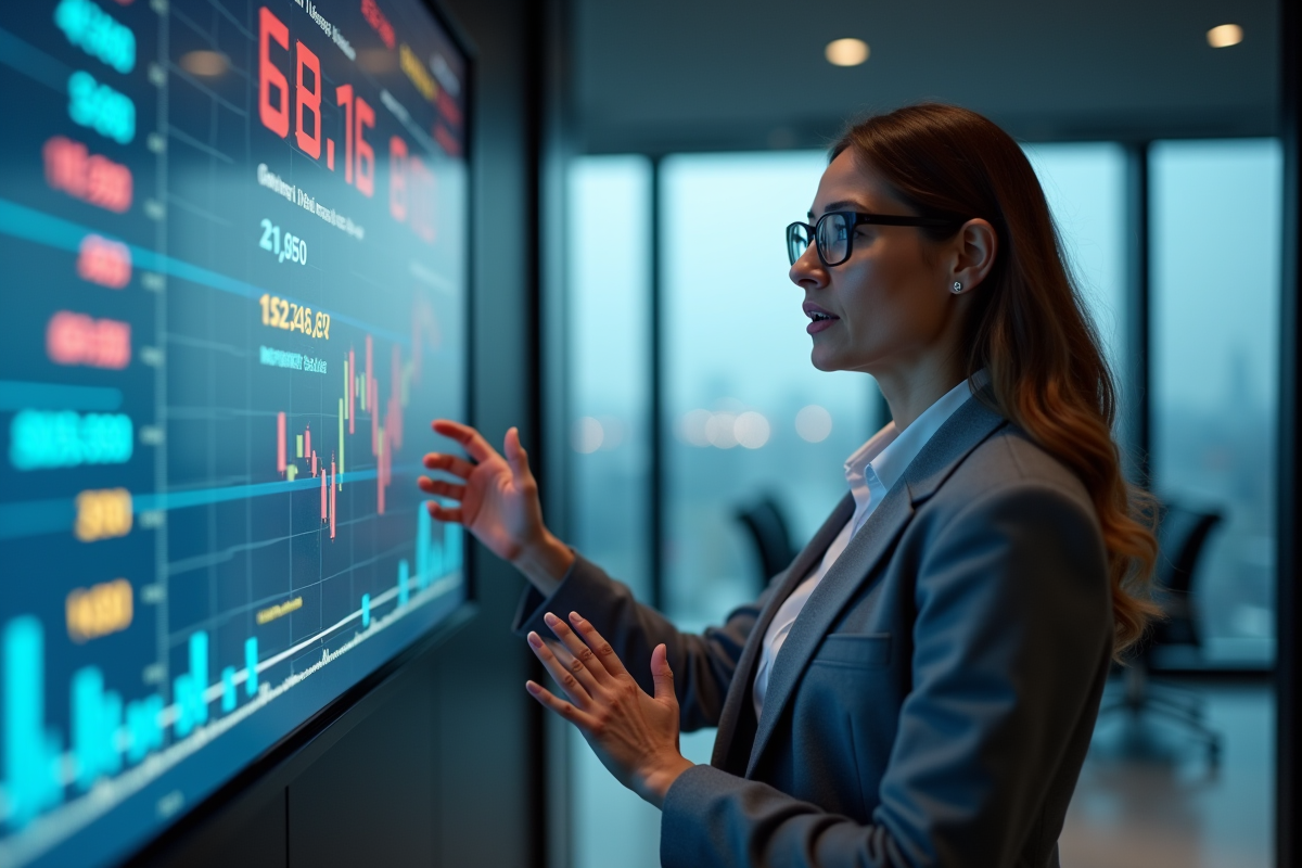 Femme professionnelle en présentation d indicateurs économiques