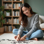 Jeune femme assemble un puzzle dans un salon lumineux