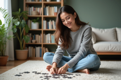 Jeune femme assemble un puzzle dans un salon lumineux