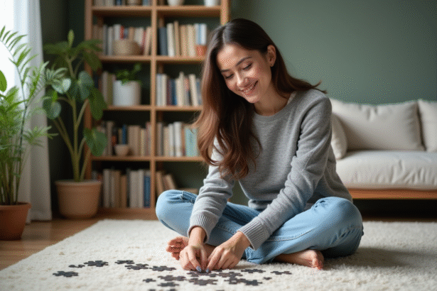 Jeune femme assemble un puzzle dans un salon lumineux