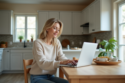 Femme d'âge moyen naviguant sur un site immobilier à la maison