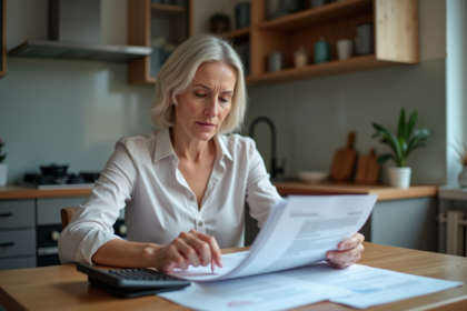 Femme d'âge moyen examinant des documents de retraite à la cuisine
