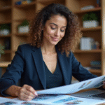 Femme en réunion professionnelle avec brochures et tablette