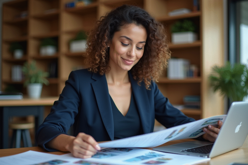 Femme en réunion professionnelle avec brochures et tablette