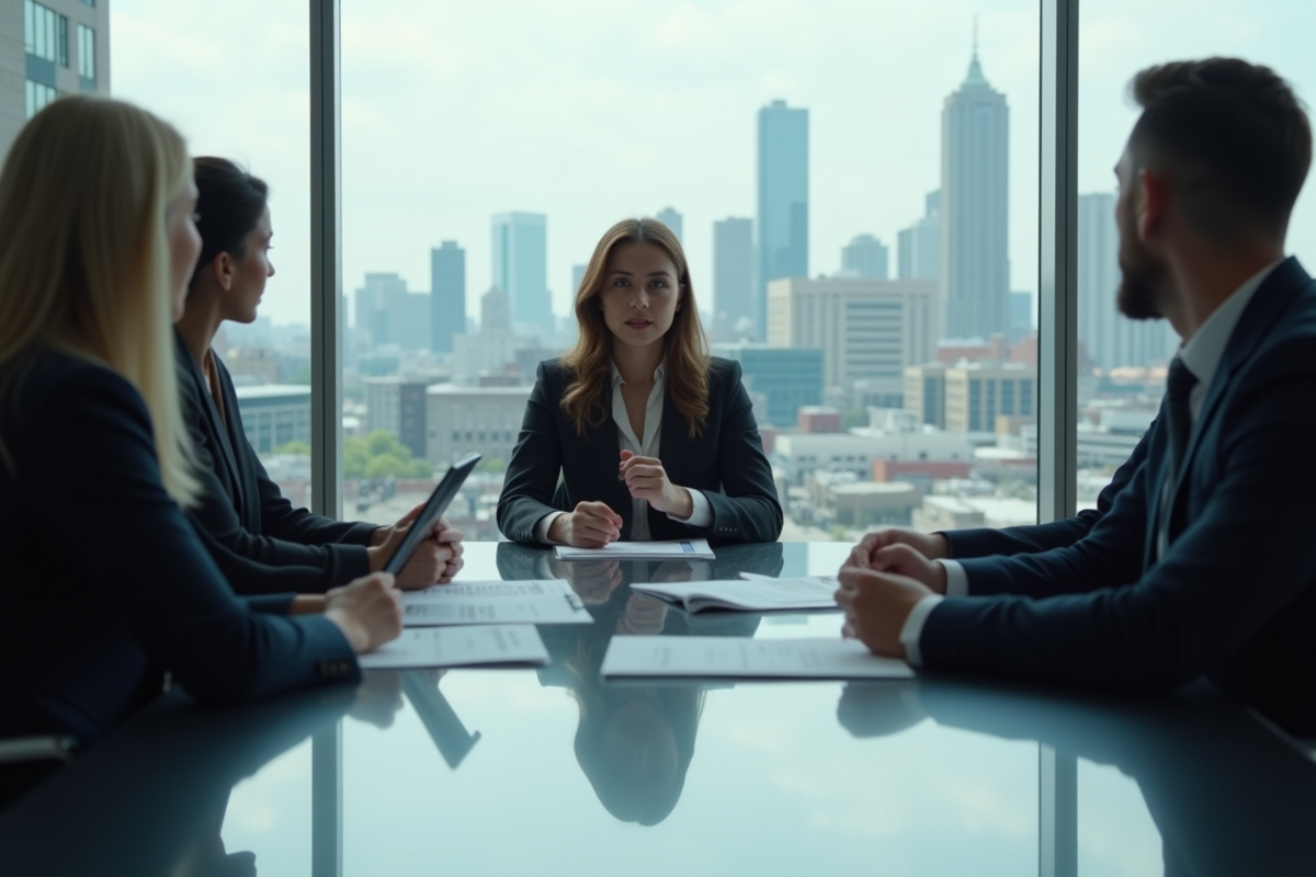 Jeune femme en réunion dans un bureau moderne avec vue urbaine