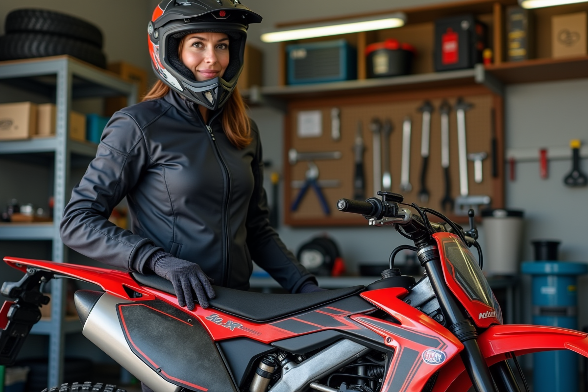 Femme rider vérifiant sa moto dans un atelier