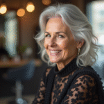 Femme senior souriante dans un salon de coiffure lumineux