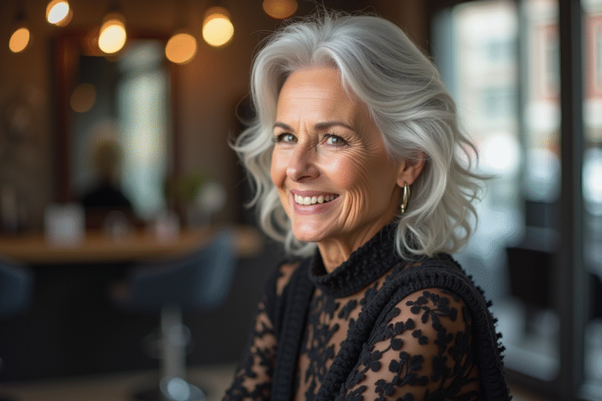 Femme senior souriante dans un salon de coiffure lumineux