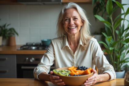 Femme souriante avec bol de fruits frais dans la cuisine