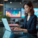 Femme en blazer travaillant sur un ordinateur dans un espace coworking