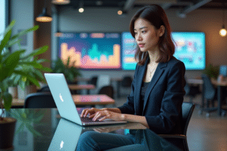 Femme en blazer travaillant sur un ordinateur dans un espace coworking