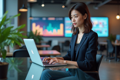Femme en blazer travaillant sur un ordinateur dans un espace coworking