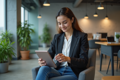 Jeune femme en blazer et jeans utilisant une tablette dans un bureau moderne