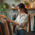 Jeune femme dans une boutique de seconde main écologique