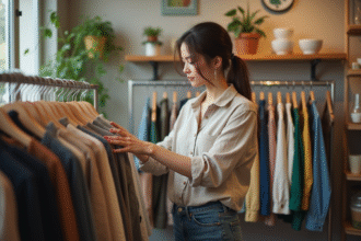 Jeune femme dans une boutique de seconde main écologique