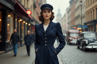 Femme élégante en tailleur année 40 sur un trottoir