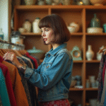 Femme en vintage parcourant une friperie chaleureuse