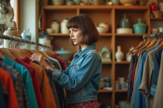 Femme en vintage parcourant une friperie chaleureuse