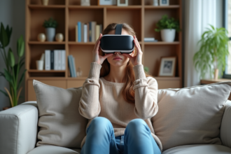 Jeune femme portant un casque VR dans un salon moderne