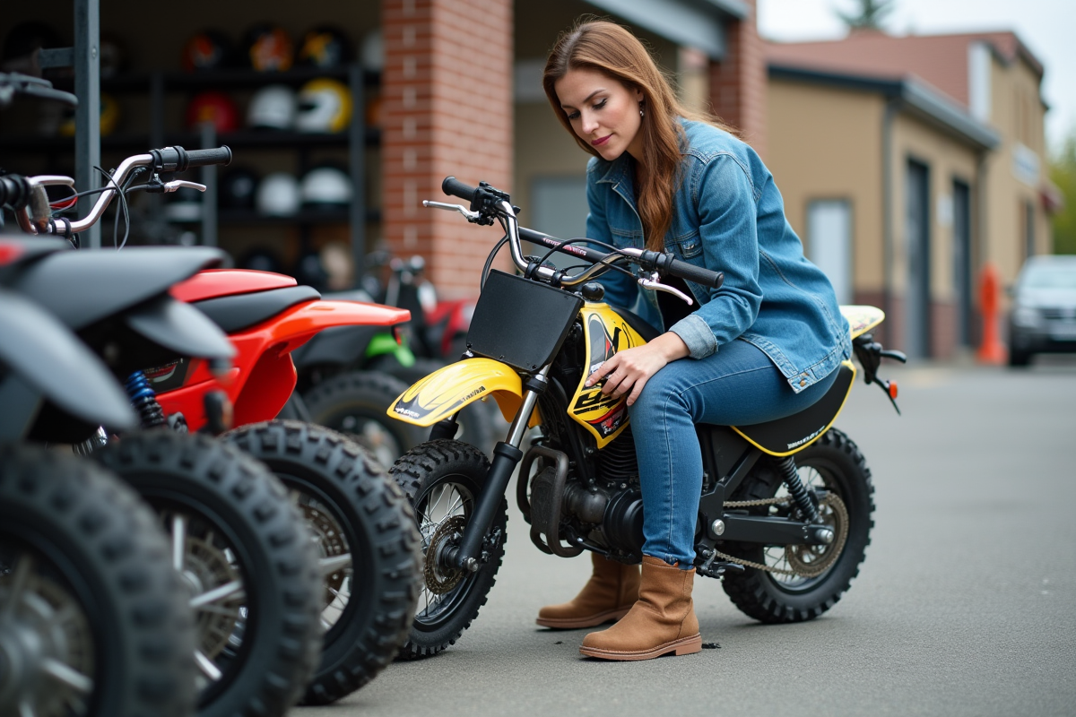 Femme inspectant un petit vélo dans un lot urbain