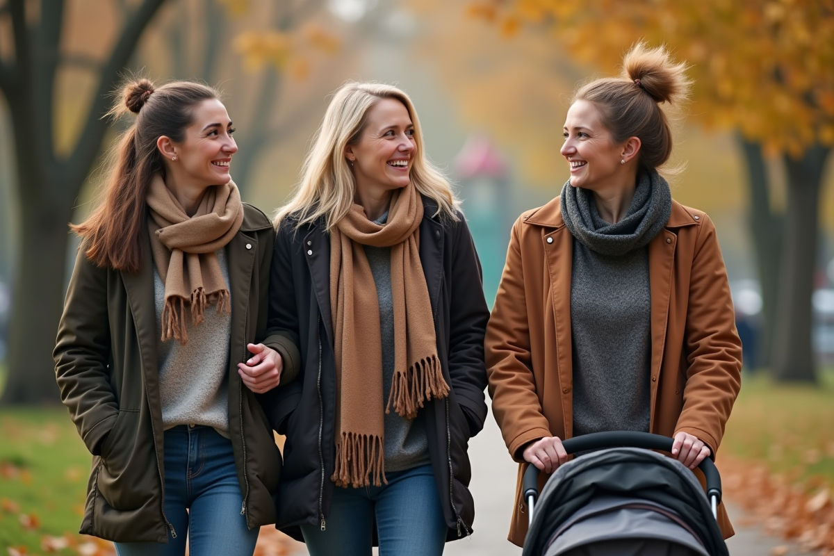 Trois femmes en promenade dans un parc en automne