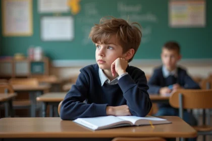 Garçon de 10 ans pensif dans une classe scolaire