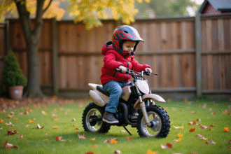 Garçon de 7 ans en motocross dans le jardin