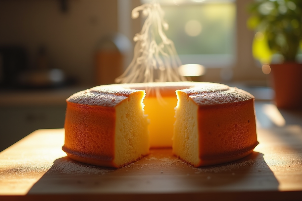 Gâteau maison doré refroidissant sur planche en bois