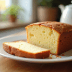 Gâteau nature frais tranché sur assiette en céramique