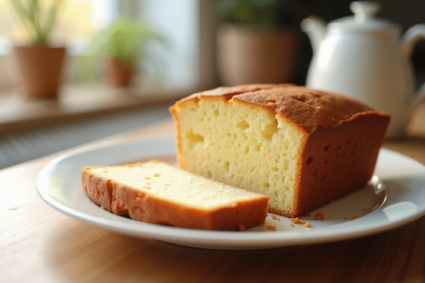 Gâteau nature frais tranché sur assiette en céramique