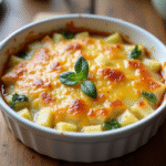 Gratin de courgettes et pommes de terre doré dans un plat blanc
