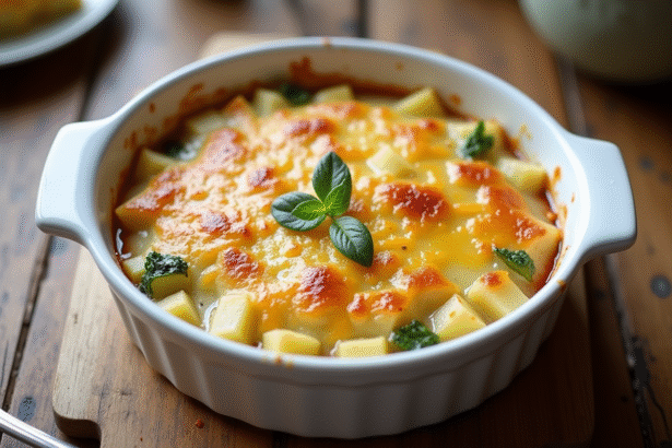 Gratin de courgettes et pommes de terre doré dans un plat blanc