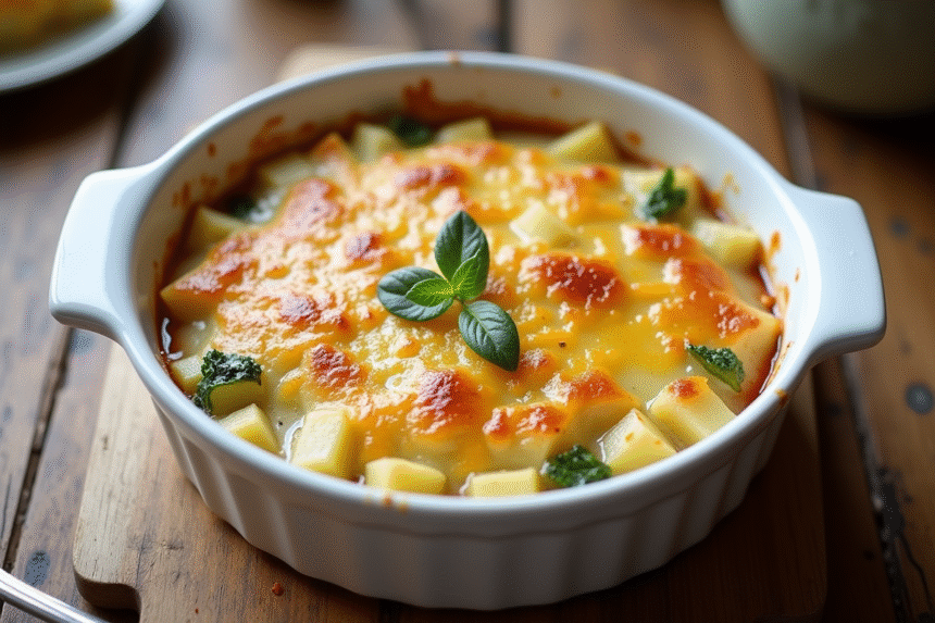 Gratin de courgettes et pommes de terre doré dans un plat blanc