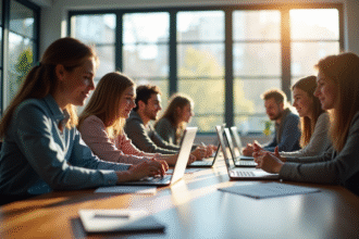 Groupe d'étudiants divers travaillant sur laptops dans un bureau lumineux