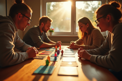 Groupe de personnes jouant au Nain jaune dans un intérieur chaleureux