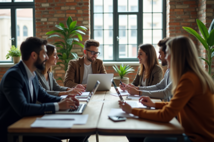 Groupe de millennials en coworking discutant finances