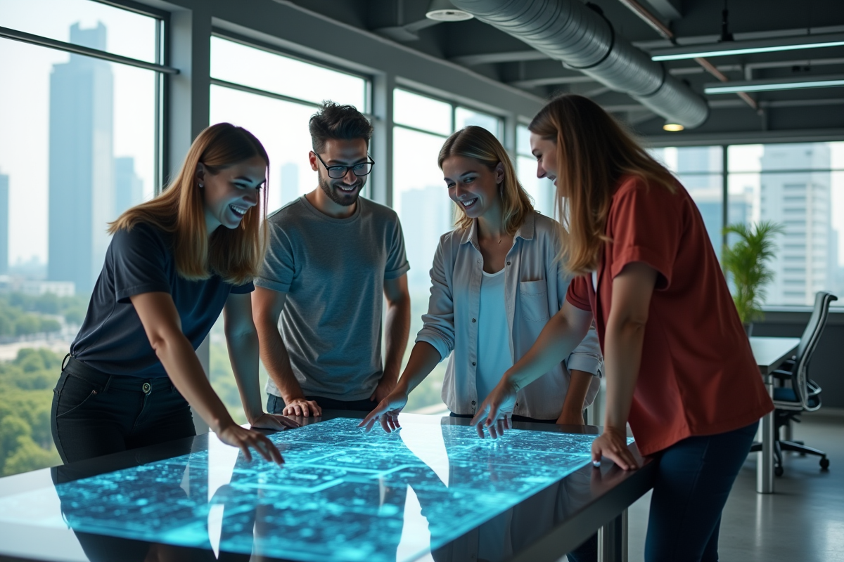 Groupe de jeunes professionnels autour d’un écran tactile et hologramme