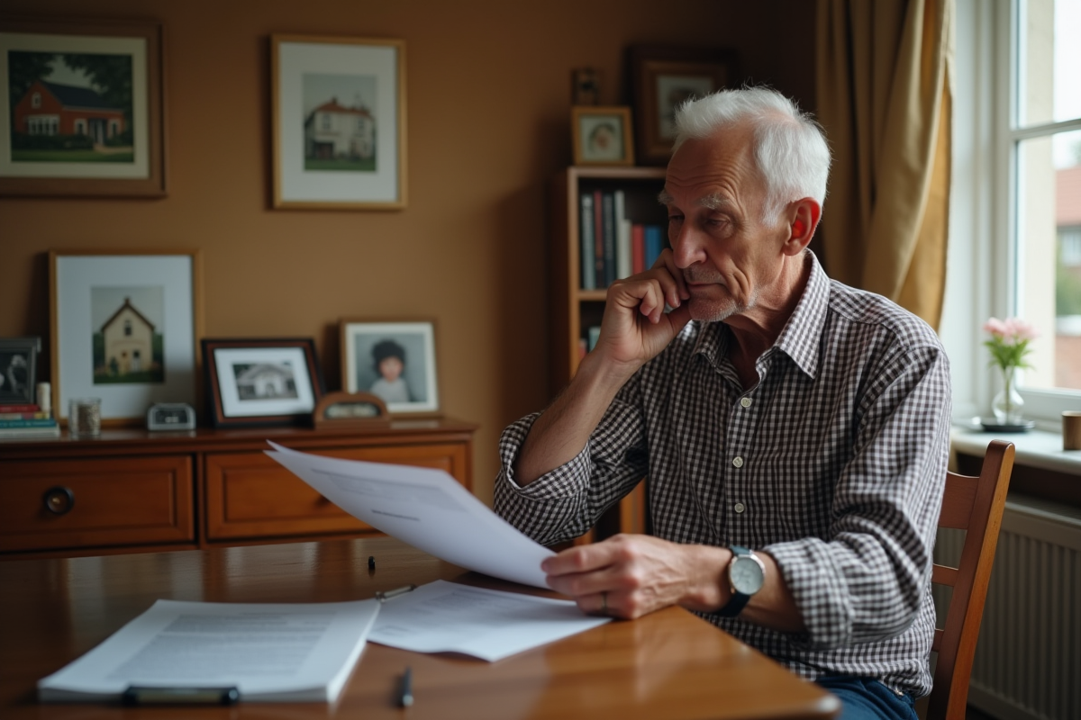 Homme agee examinant des papiers de vente immobiliere